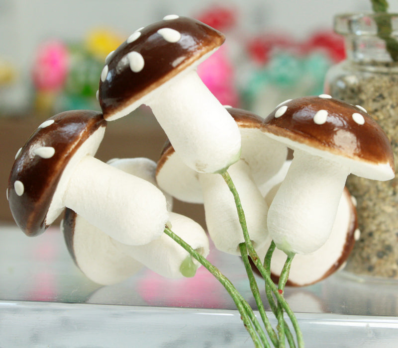 Brown - Large Cotton Spun Mushrooms  - Set of 10 - (218-0118)