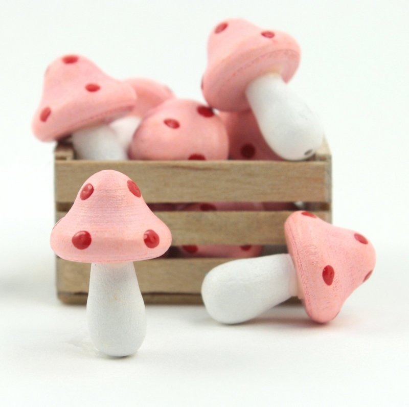 Pink - Wood - Hand Crafted - 3/4" Mushrooms 218-0127