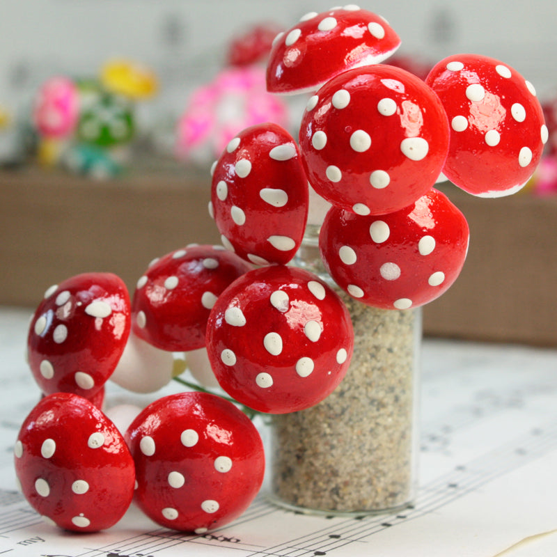 Red - Large Cotton Spun Mushrooms  - Set of 10 - (218-0114)